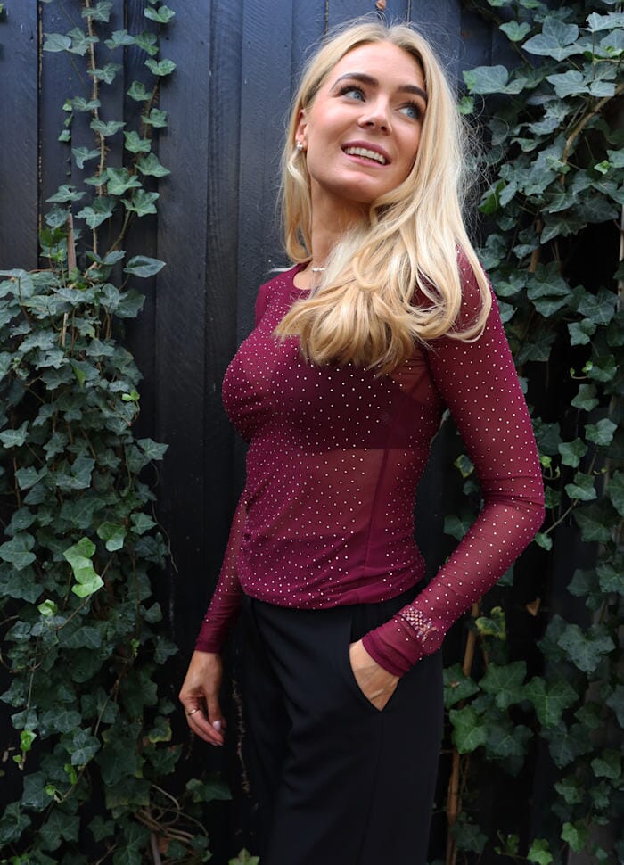 Liberte - Mesh Ls Sparkle Tshirt 22134 - Bordeaux Diamond Dot Bluser 
