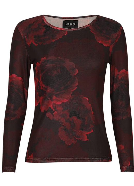 Liberte - Mesh-Ls-Tshirt 22065 - Black Bordeaux Flower Bluser 
