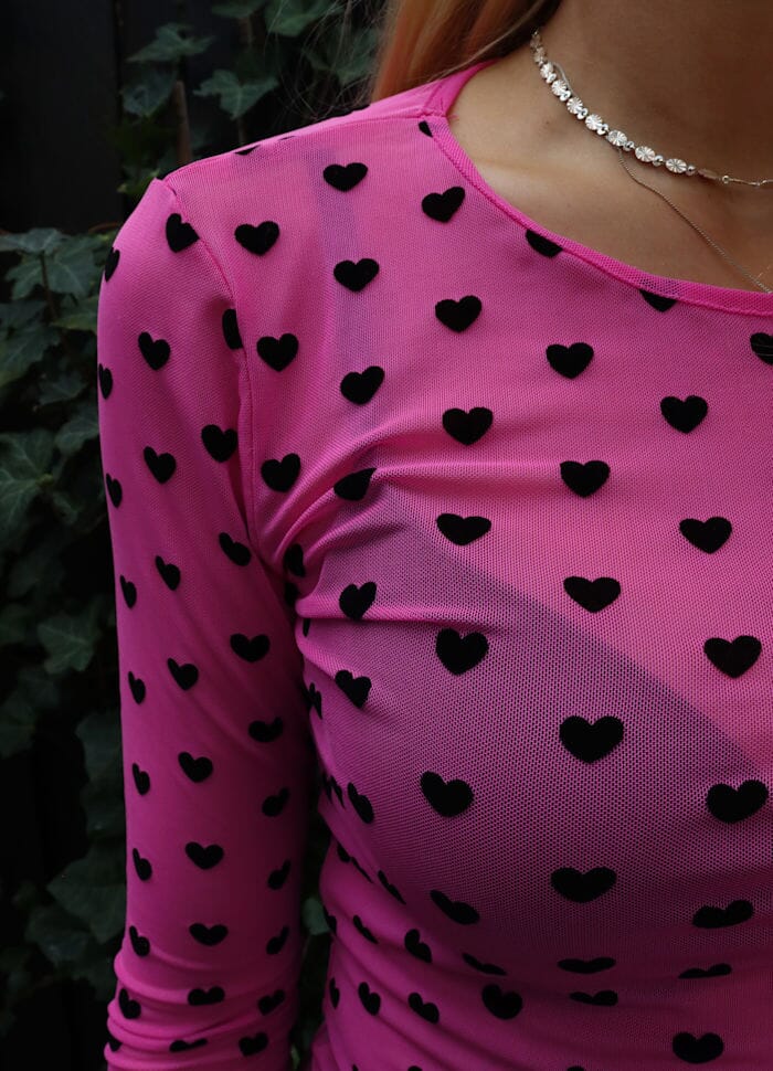 Liberte - Mesh Ls Tshirt 22065 - Pink Black Flock Heart Bluser 