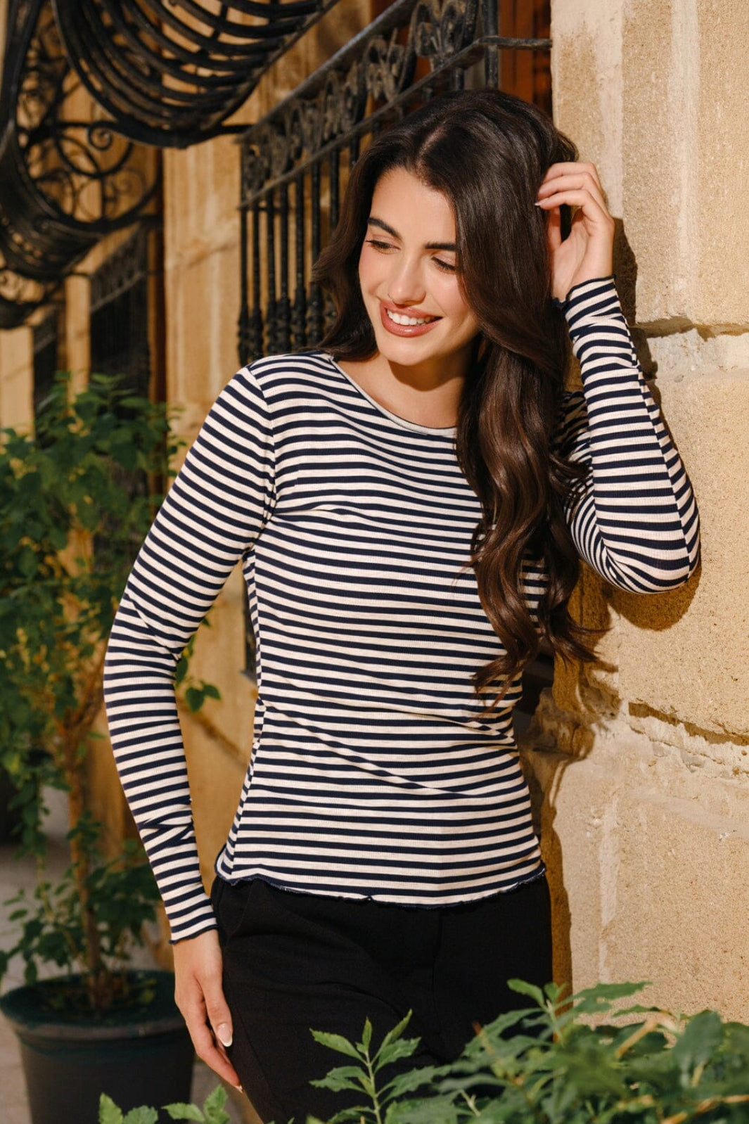 Liberte - Natalia Ls Round Neck Blouse 9914 - Navy Grey Mel. Stripe