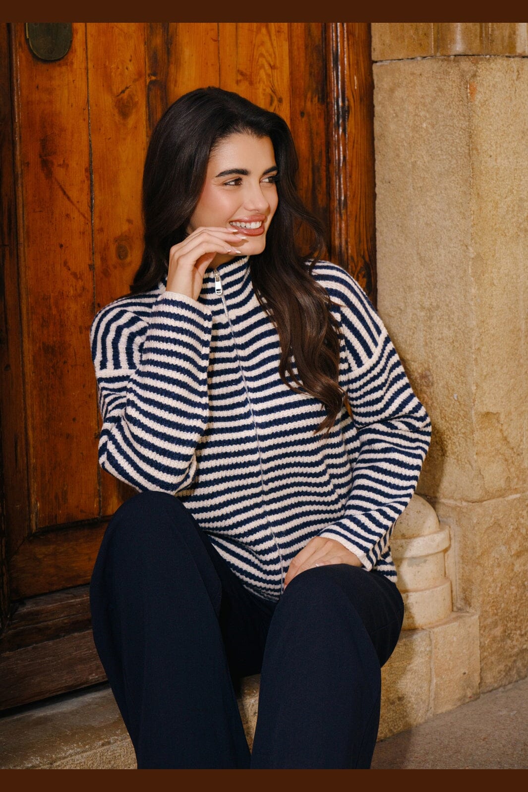 Liberte - Sara Ls Zip Cardigan 22476 - Navy Creme Stripe