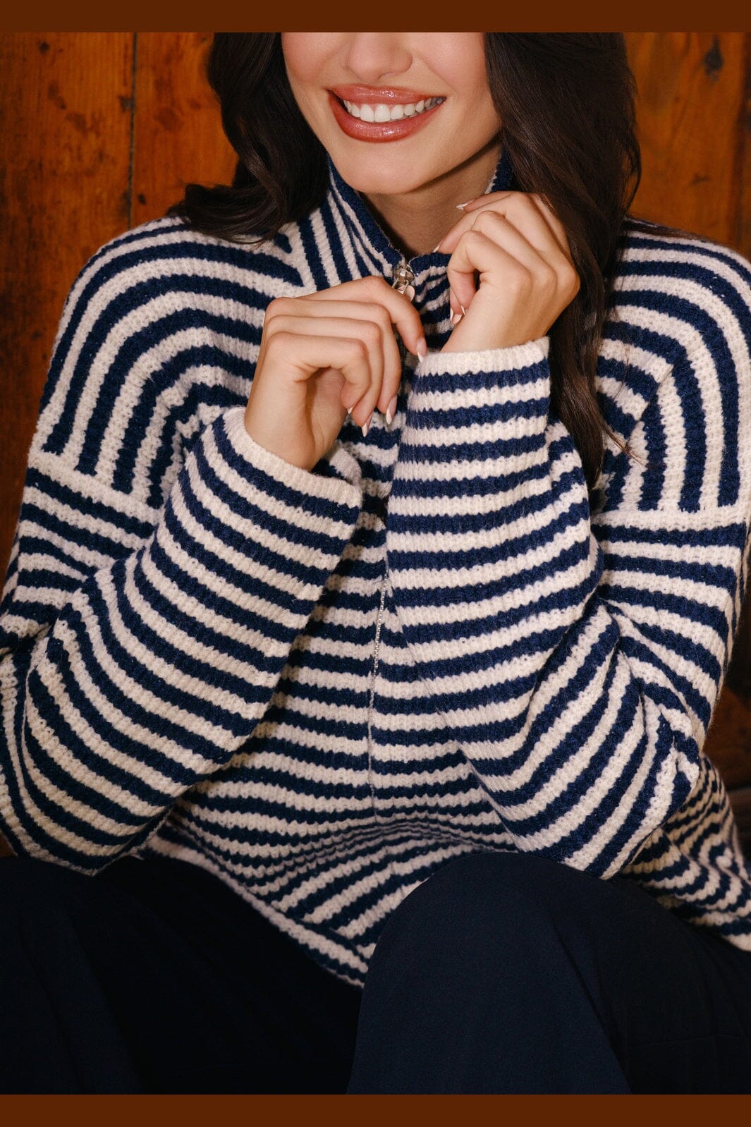 Liberte - Sara Ls Zip Cardigan 22476 - Navy Creme Stripe