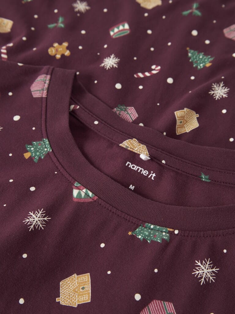 Name It - Nanvismas Ls Nightset - 4918981 Burgundy Xmas Aop Nattøj 