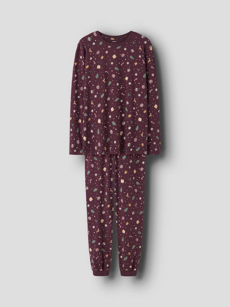 Name It - Nanvismas Ls Nightset - 4918981 Burgundy Xmas Aop Nattøj 