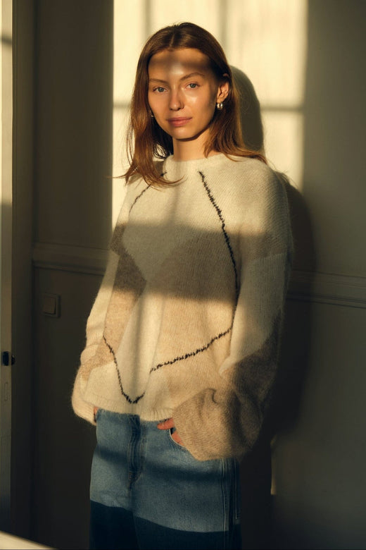 Neo Noir - Inga Check Fluff Knit Blouse 165205 - 122 - Creme Strikbluser 