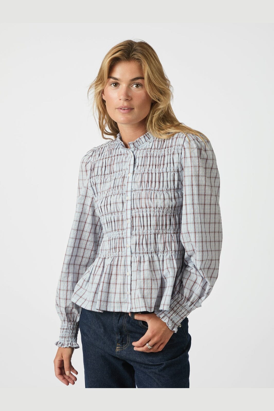 Neo Noir - Mocca Smock Check Blouse 166900 - 145 - Light Blue