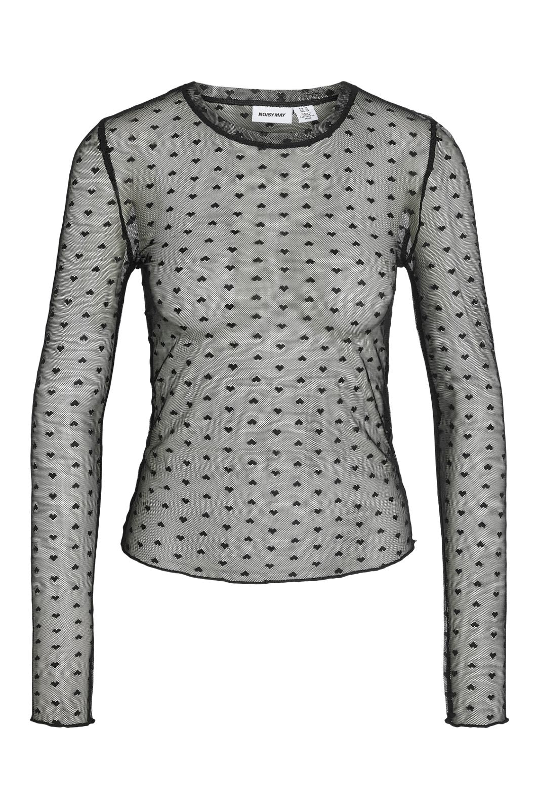 Noisy May - Nmjudith L/S Fitted Mesh O Neck Top - 5151079 Black Hearts