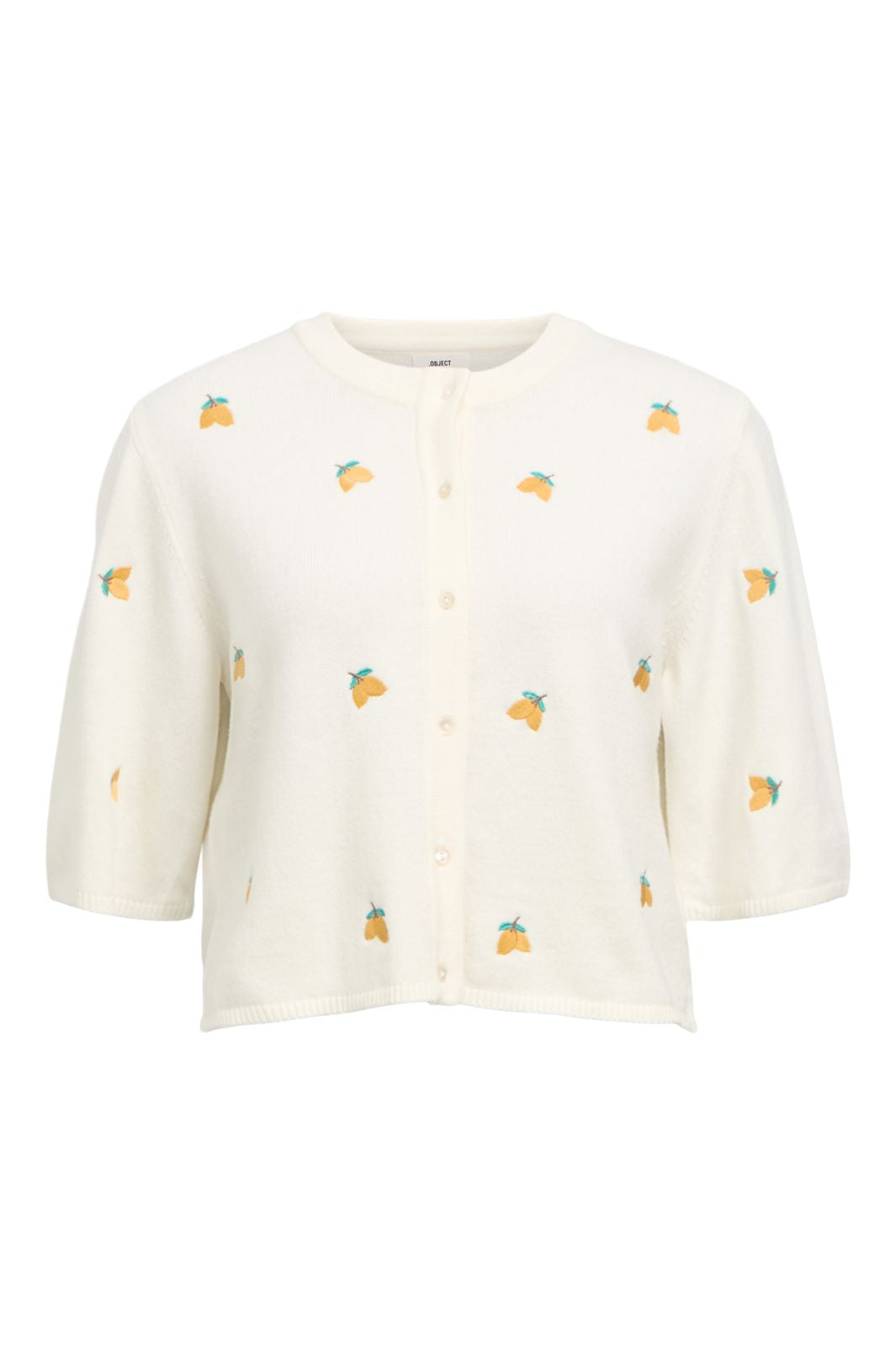 Object - Objthess 3/4 Sleeve Cardigan - 4782493 Cloud Dancer Lemon Embroidery