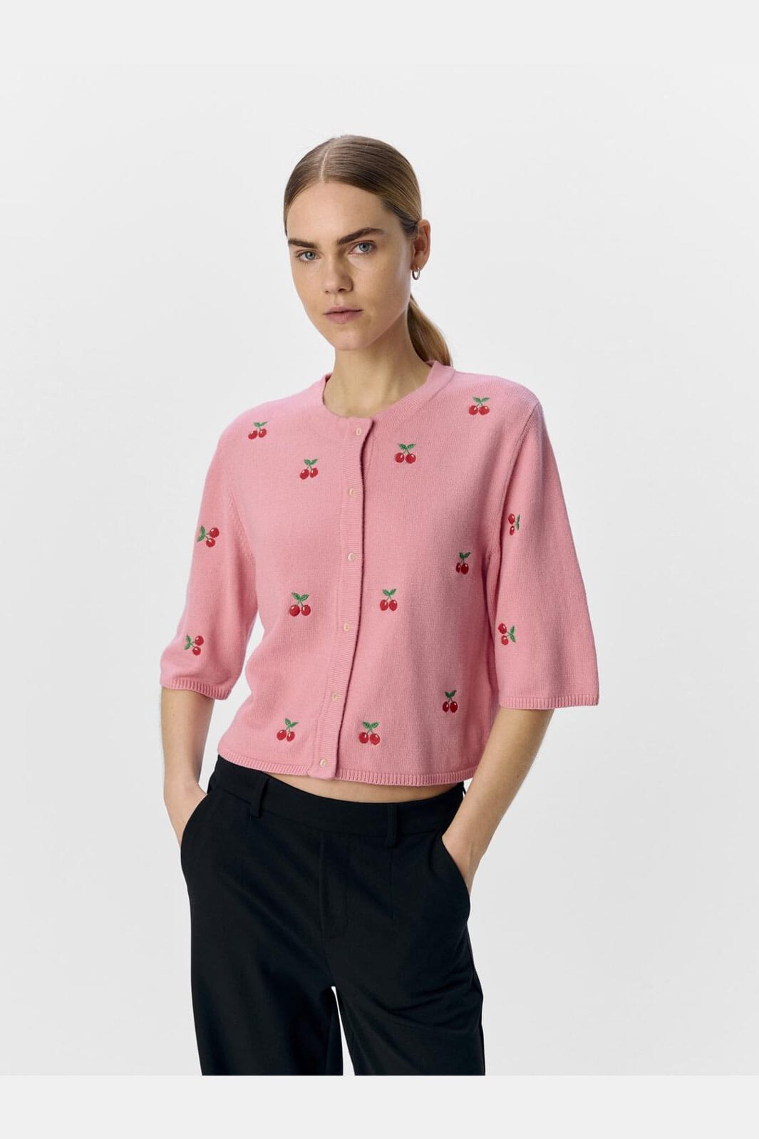 Object - Objthess 3/4 Sleeve Cardigan - 4782513 Rose Elegance Cherry Embroidery