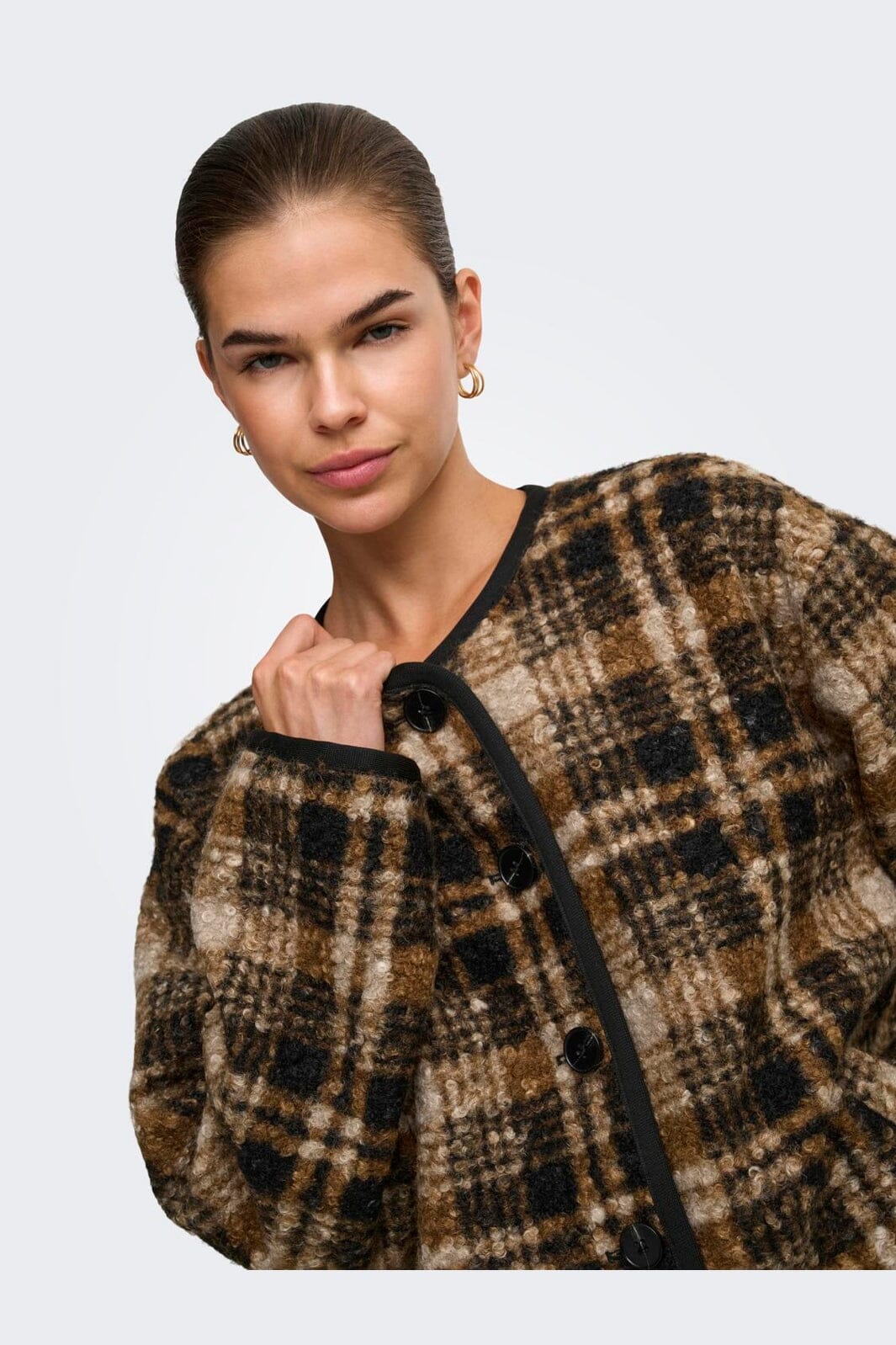 Only - Onlanni Boucle Jacket Cc - 5008376 Toasted Coconut Black / White Checks