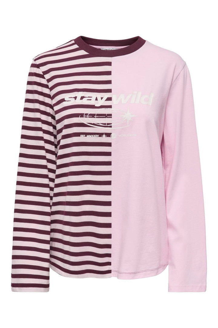 Only - Onlava L/S Half Striped T-Shirt - 5273743 Chalk Pink Windsor Wine Stripes/ Cd Text