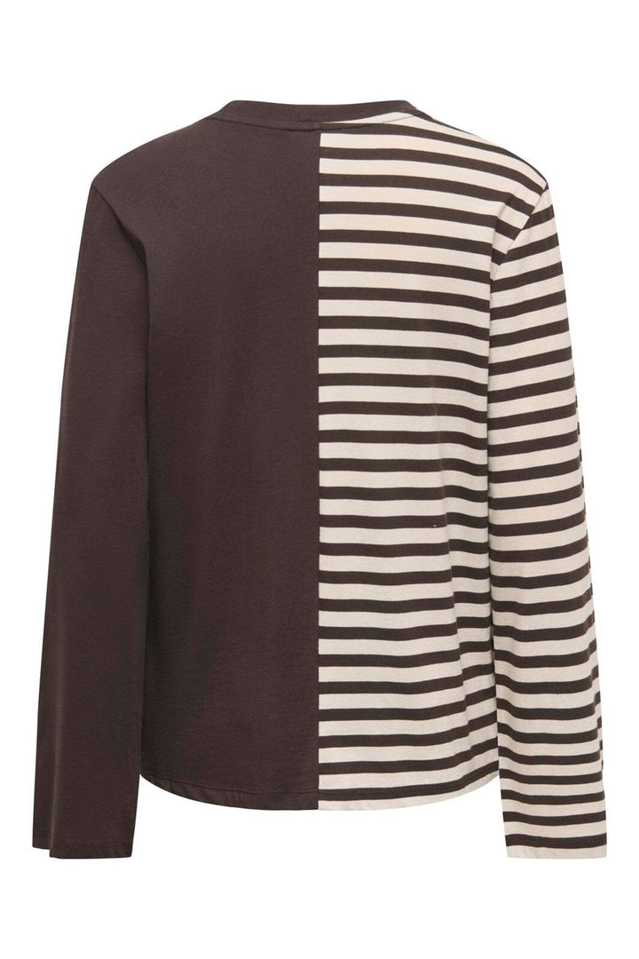 Only - Onlava L/S Half Striped T-Shirt - 5274132 Black Coffee Birch Stripes/ Light Pink Text