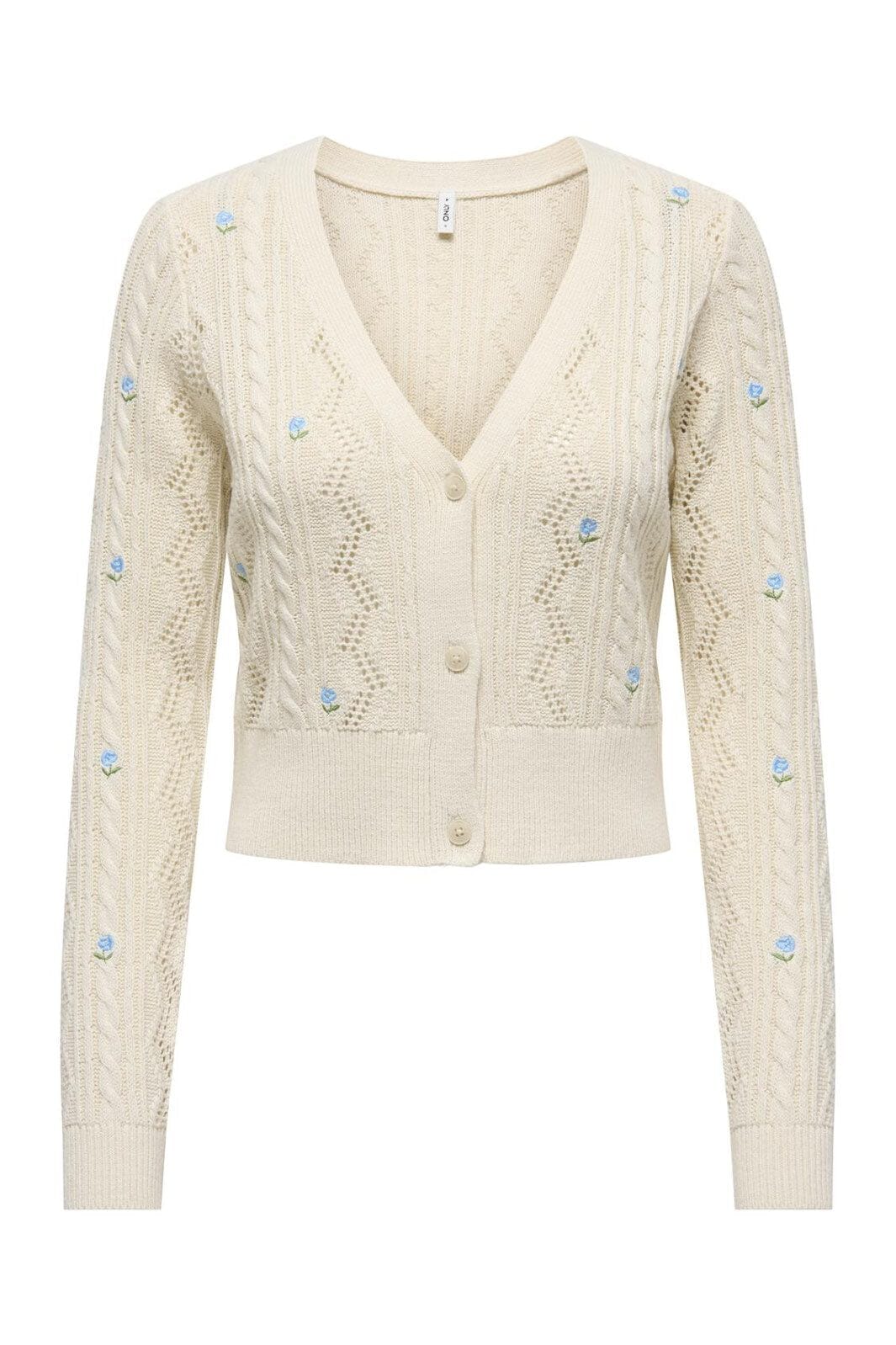 Only - Onlbirtie Ls Emb V-Neck Cardigan Knt - 4981923 Ecru Soft Chambrayfluorite/Flower Emb