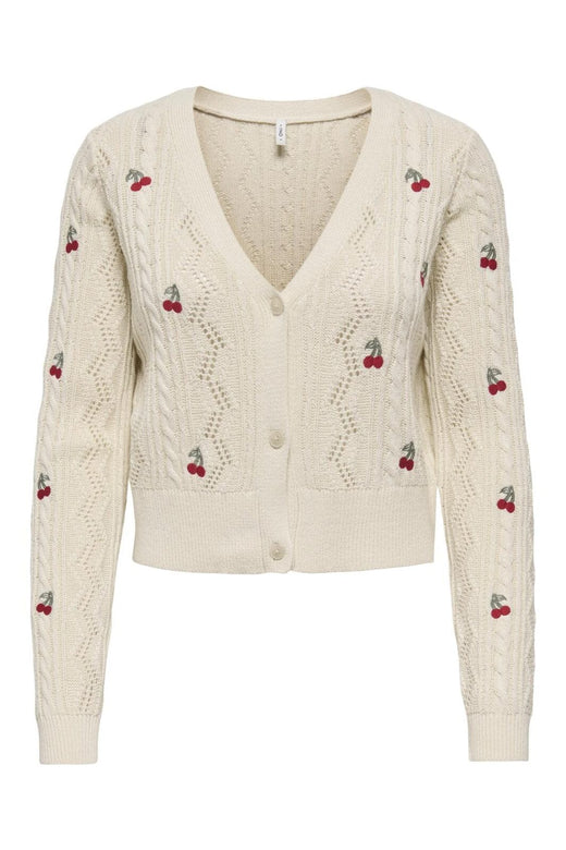 Only - Onlbirtie Ls Emb V-Neck Cardigan Knt - 4982281 Ecru Barbad Cherry/Laurel Wre/Cherry Emb