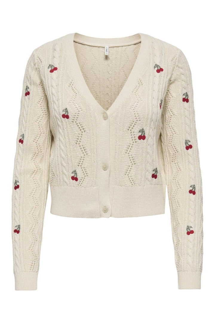 Only - Onlbirtie Ls Emb V-Neck Cardigan Knt - 4982281 Ecru Barbad Cherry/Laurel Wre/Cherry Emb