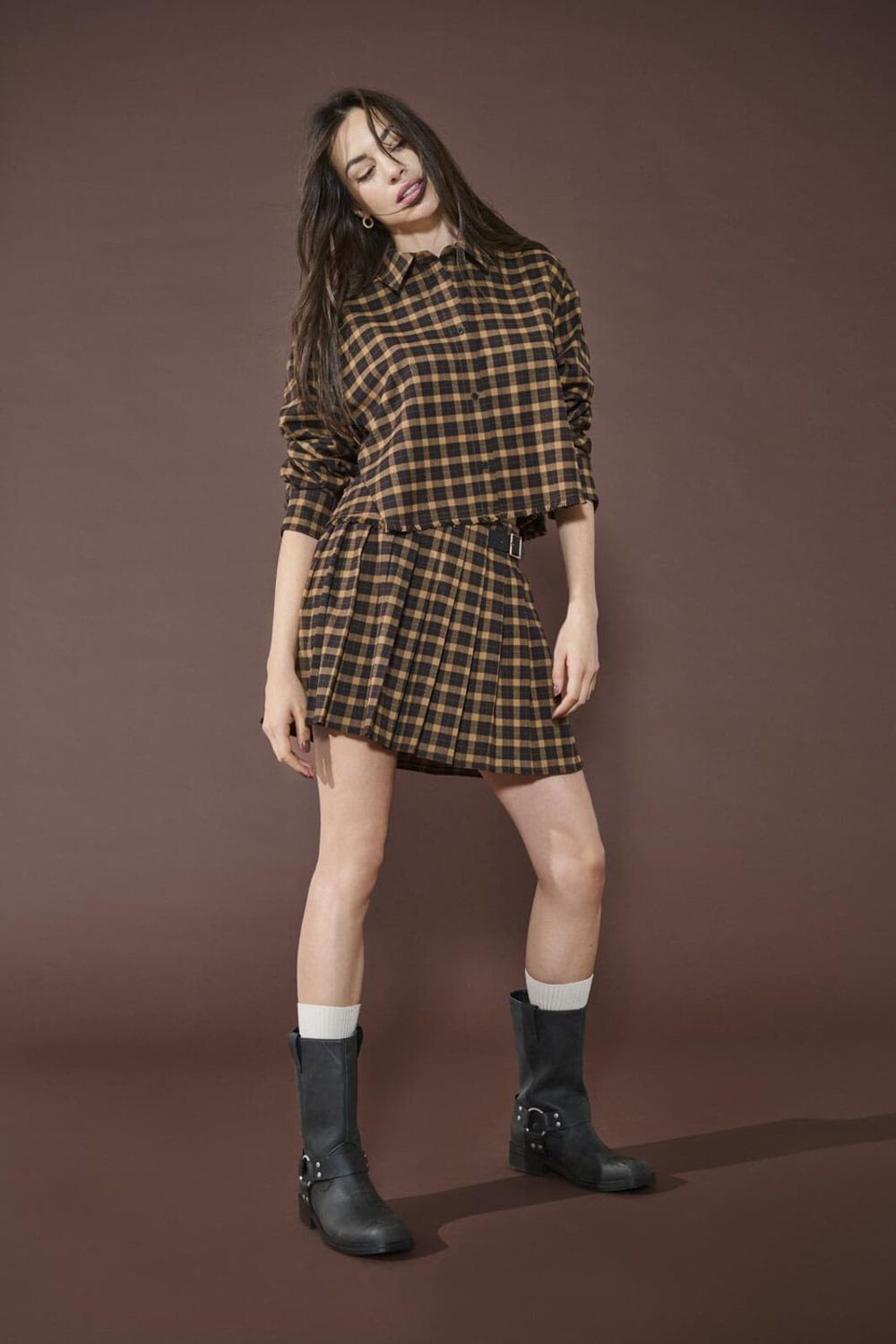 Only - Onlcat Life Plisse Check Skirt - 4859333 Chipmunk Black Coffee