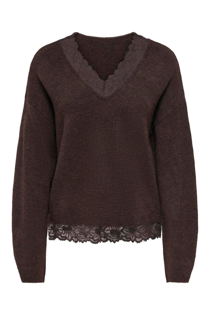 Only - Onlclover Ls Lace V-Neck Reversible Knt - 5149080 Coffee Bean Melange/Dtm Lace