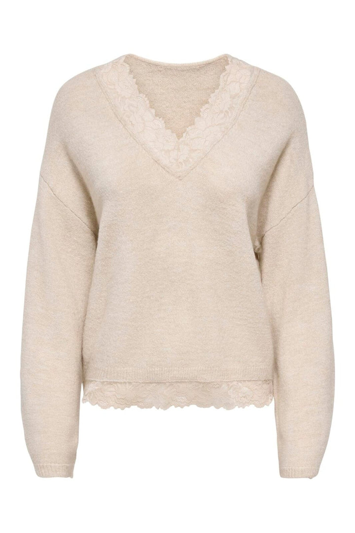 Only - Onlclover Ls Lace V-Neck Reversible Knt - 5149081 Pumice Stone Melange/Dtm Lace