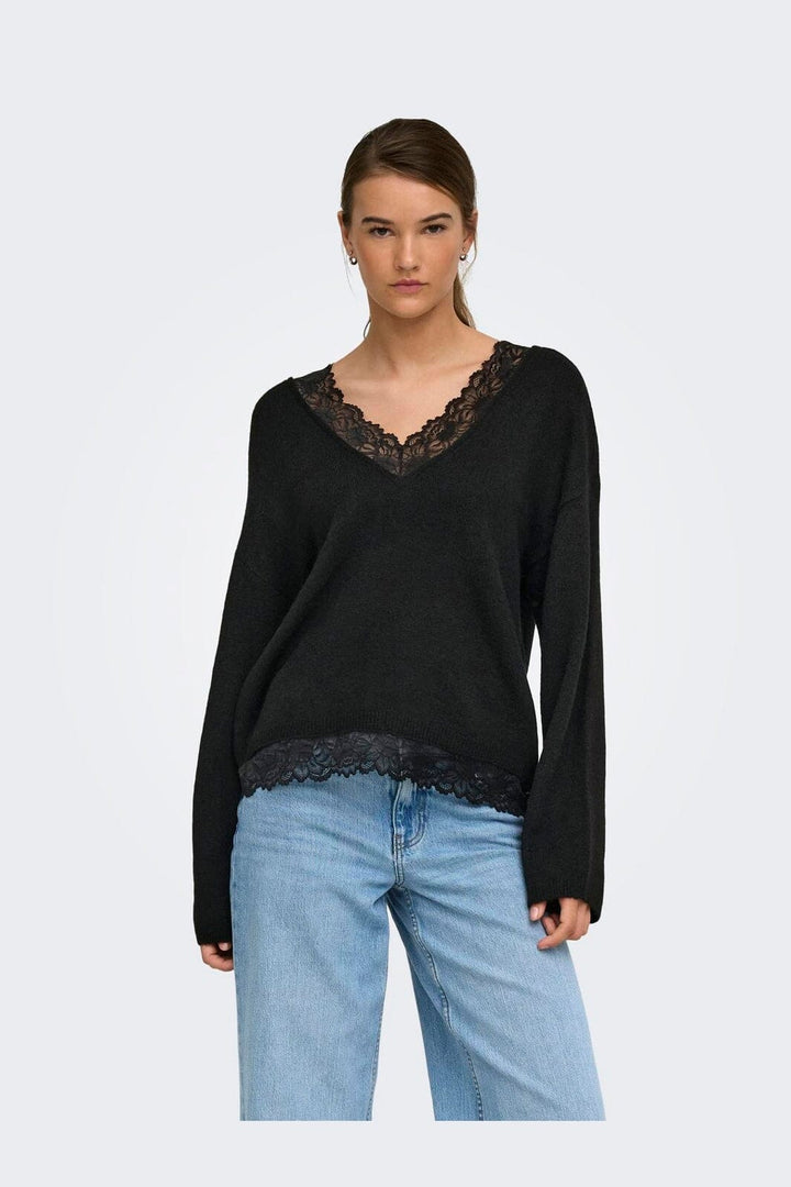 Only - Onlclover Ls Lace V-Neck Reversible Knt - 5172500 Black Dtm Lace