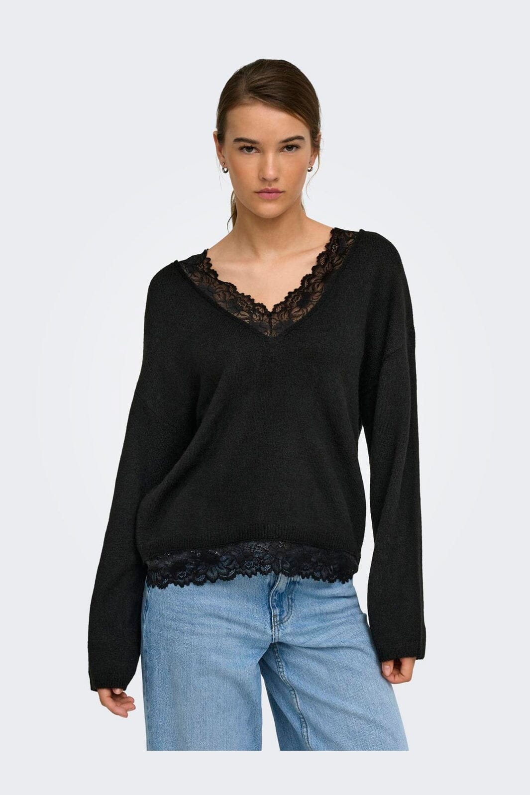 Only - Onlclover Ls Lace V-Neck Reversible Knt - 5172500 Black Dtm Lace