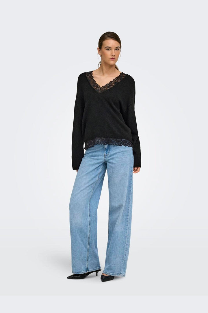 Only - Onlclover Ls Lace V-Neck Reversible Knt - 5172500 Black Dtm Lace