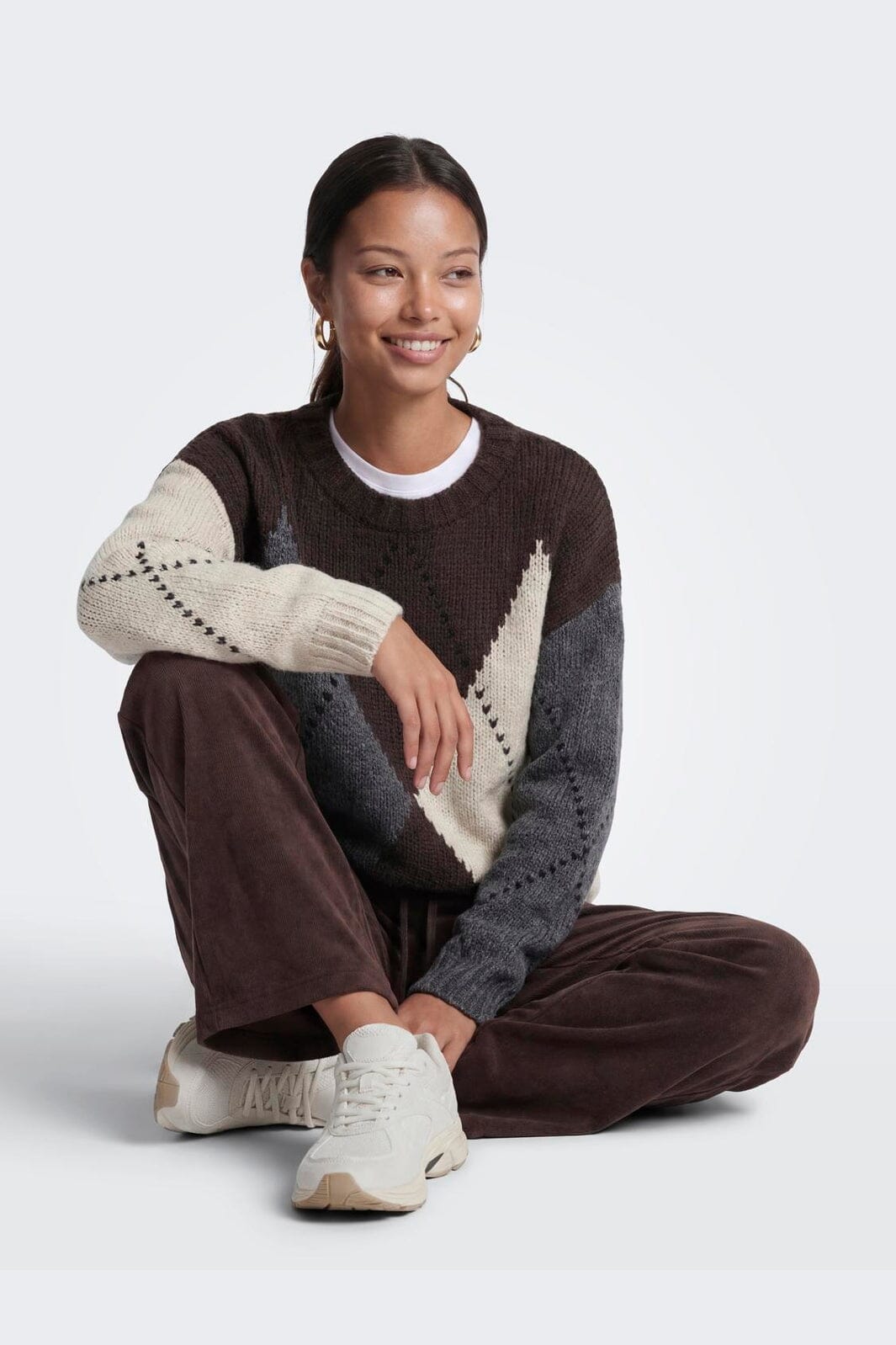 Only - Onlcozy Ls Argyle O-Neck Knt - 5103097 Coffee Bean Argyle/Birch/Dgm/Black