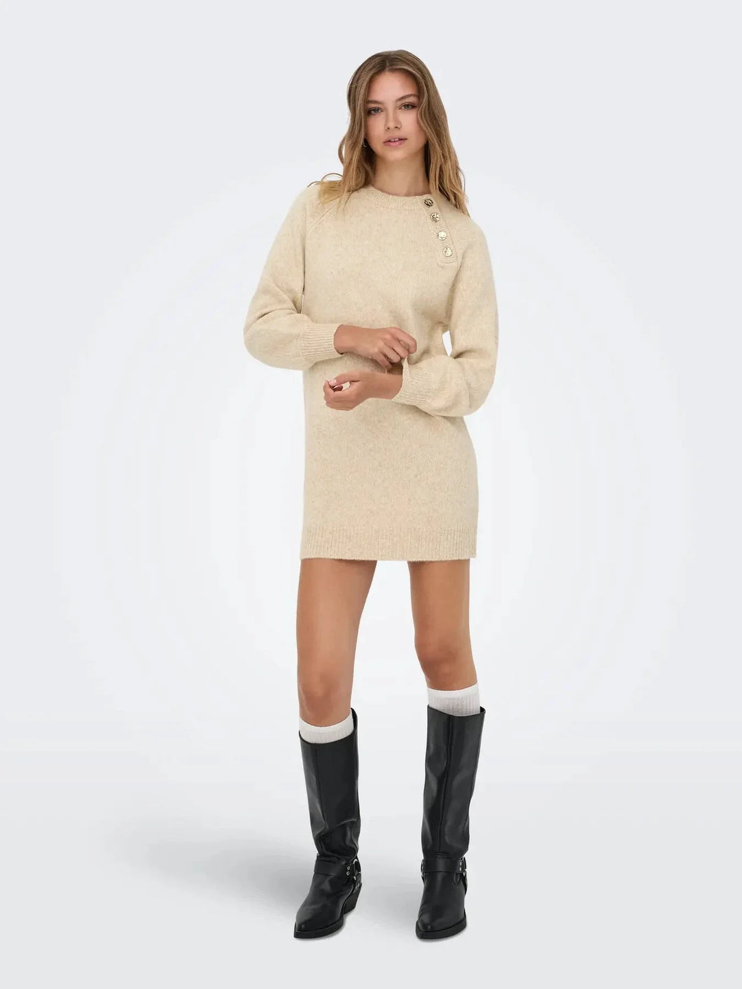 Only - Onlemma Life Ls Button Onec Dress Cc Knt - 4853470 Pumice Stone Melange/Gold Button Kjoler 
