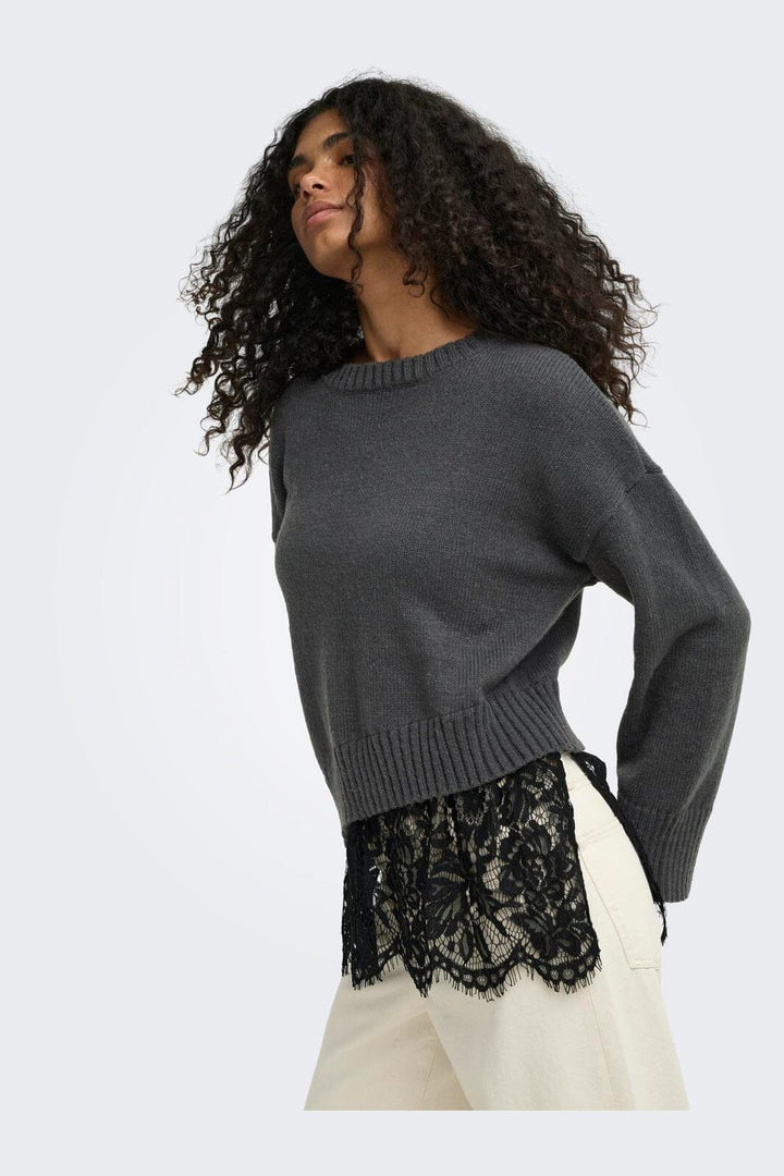 Only - Onlevie Ls Lace Mix O-Neck Knt - 5123391 Dark Grey Melange Black Lace