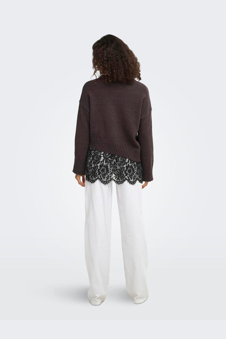 Only - Onlevie Ls Lace Mix O-Neck Knt - 5128826 Coffee Bean Black Lace
