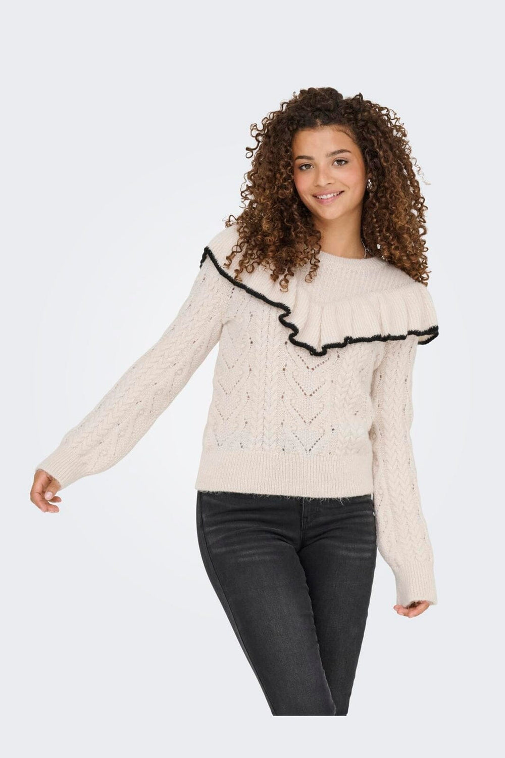 Only - Onlisolde Ls Frill O-Neck Knt - 4781329 Birch Black