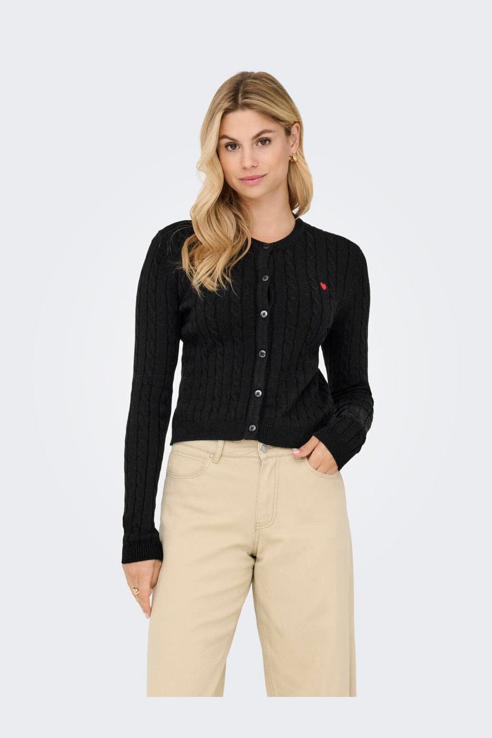 Only - Onlkatia Ls Cable Button Cardigan Cc Knt - 4959313 Black True Red Heart Emb/Dtm Button