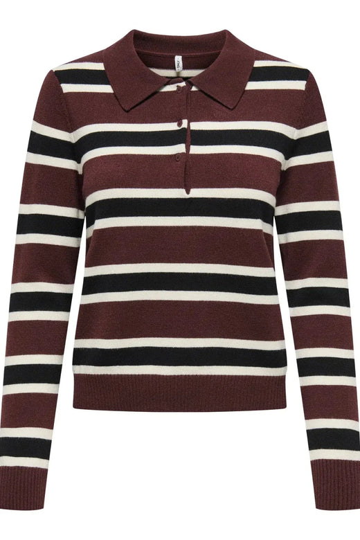 Only - Onllondon Ls Stripe Polo Cc Knt - 4947495 Decadent Chocolate Babys Breath/Black/Dtm Button Strikbluser 