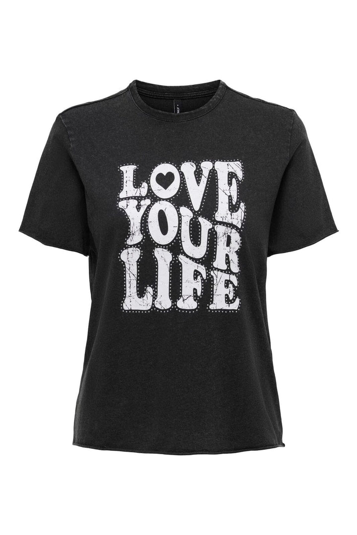 Only - Onllucy Reg S/S Stud Top Box Cc - 4925410 Black Love Your Life + Silver Studs