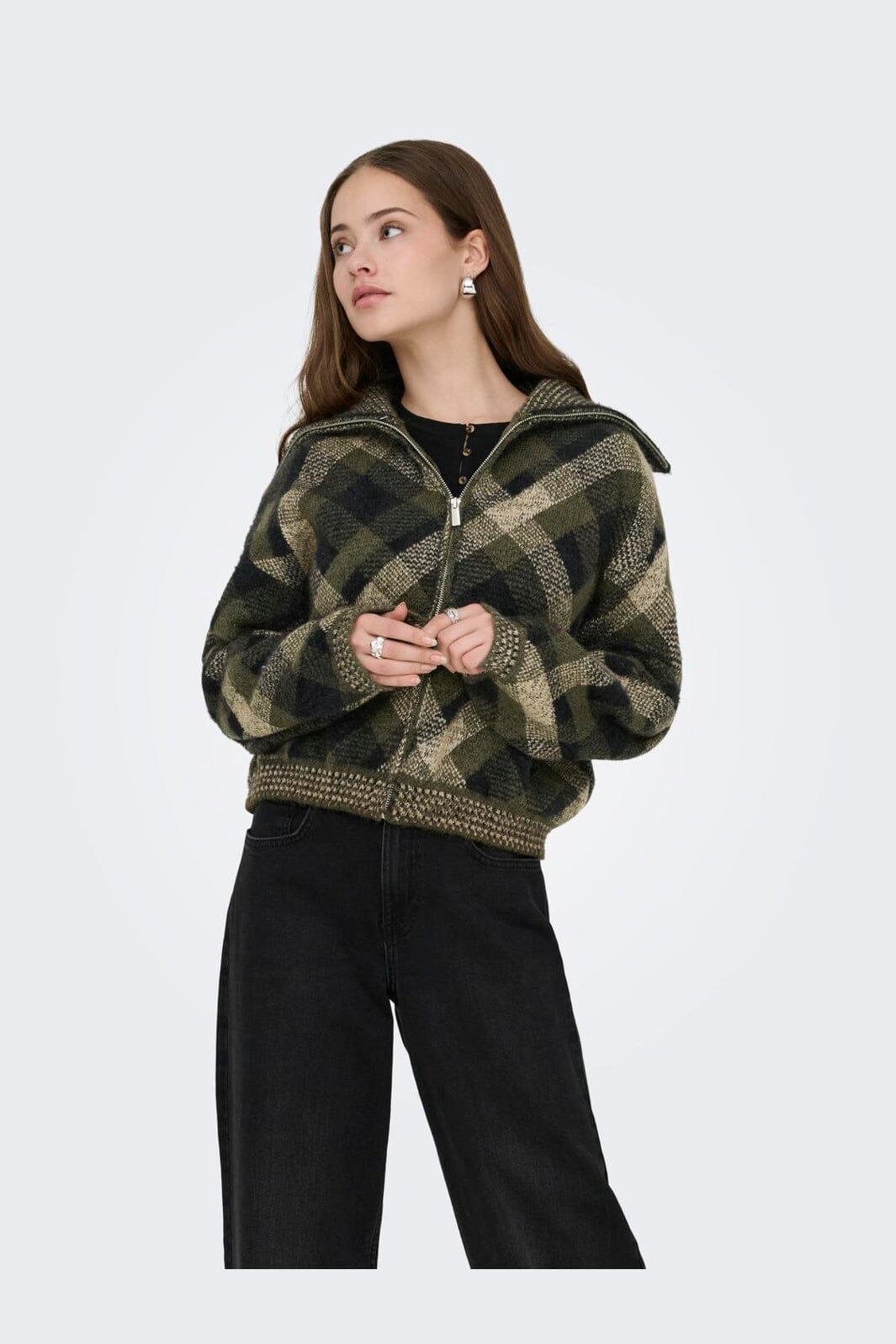 Only - Onlmaroon Ls Zip Collar Cardigan Knt - 5079116 Forest Night Small/Otter/Black