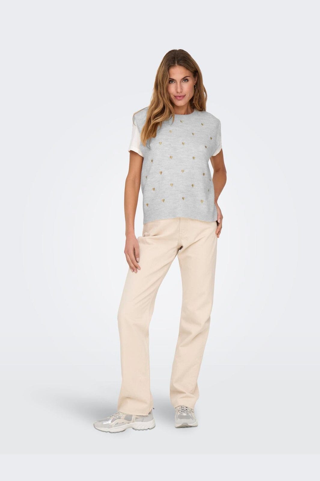 Only - Onlmelody Sl Embroidery O-Neck Knt - 4919768 Light Grey Melange Light Gold Hearts