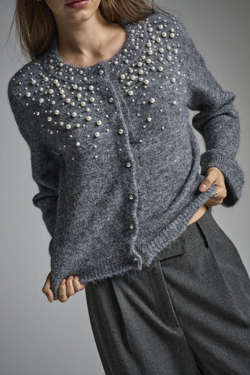 Only - Onlmiggie Ls O-Neck Pearl Cardi Knt - 5068425 Medium Grey Melange Fmop Cardigans 