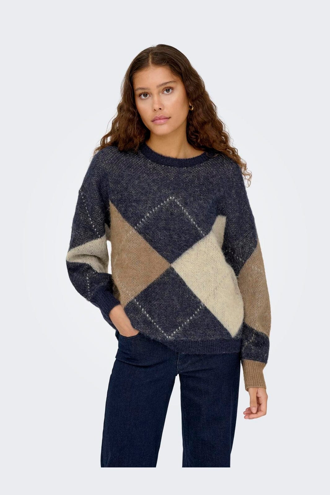 Only - Onlnoeme Life Ls Jq O-Neck Knt - 4895270 Night Sky Cocoa Creme/Biscotti/Melange/Argyle