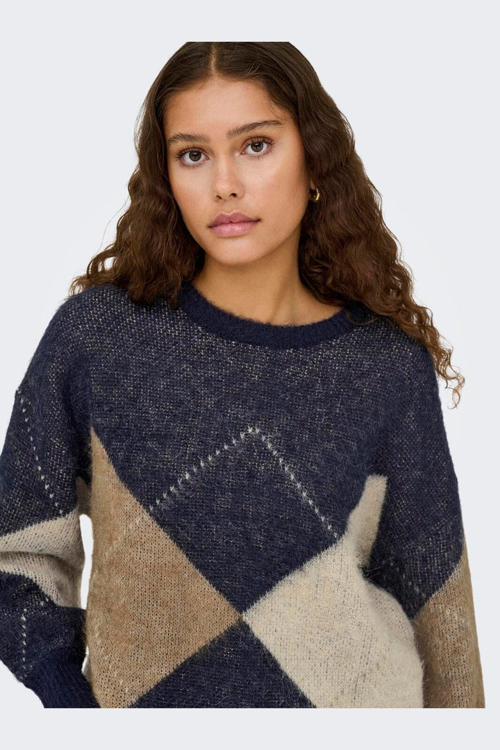 Only - Onlnoeme Life Ls Jq O-Neck Knt - 4895270 Night Sky Cocoa Creme/Biscotti/Melange/Argyle