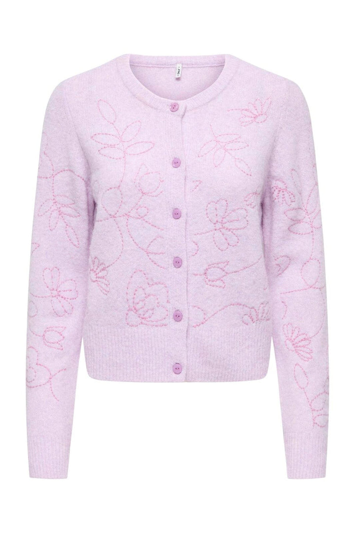 Only - Onlsola Ls Emb O-Neck Cardigan Knt - 5061987 Pale Lilac Flowers/Cyclamen