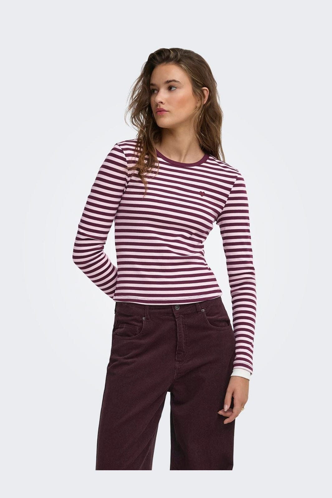 Only - Onlval L/S O-Neck Stripe Top - 5084119 Fig Pale Lilac (Mette) + Emb. Heart