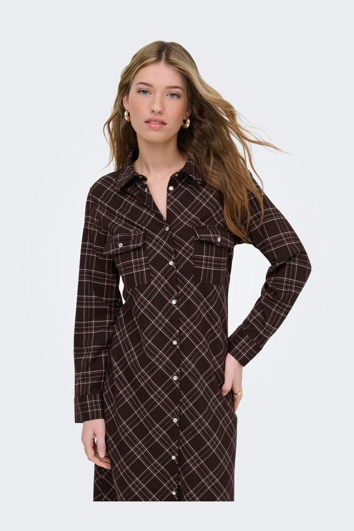 Only - Onlwren Check L/S Long Shirt Dress - 4970171 Black Checked Forge