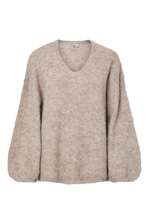 Pieces - Pcallie Ls V-Neck Knit Mwa - 5090885 Greige Melange