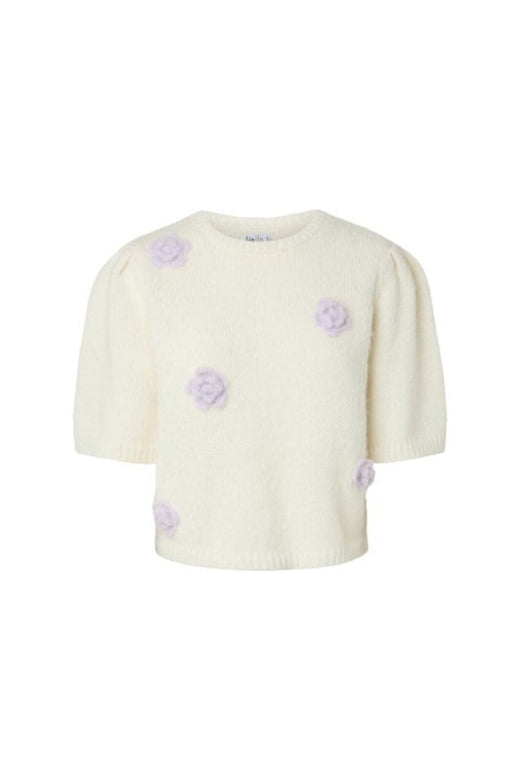 Pieces - Pcaya 2/4 O-Neck Knit - 5121428 Cloud Dancer Light Lilac Flowers Strikbluser 
