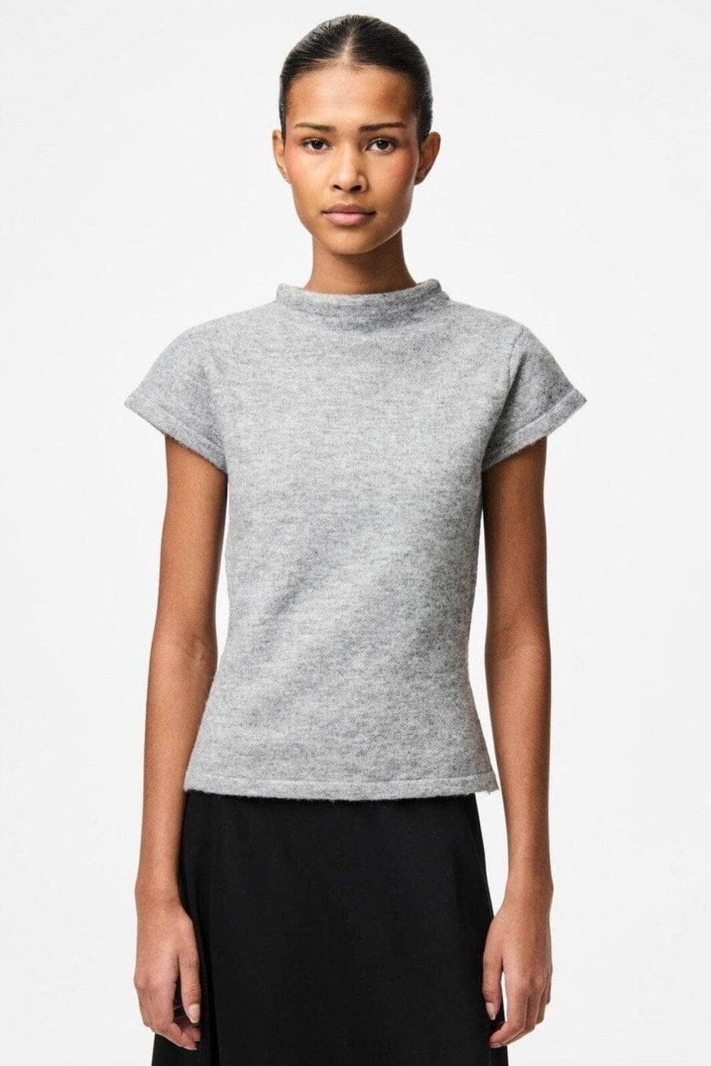 Pieces - Pcfamilla Ss Mock Neck Knit Top Fsy - 4861749 Medium Grey Melange