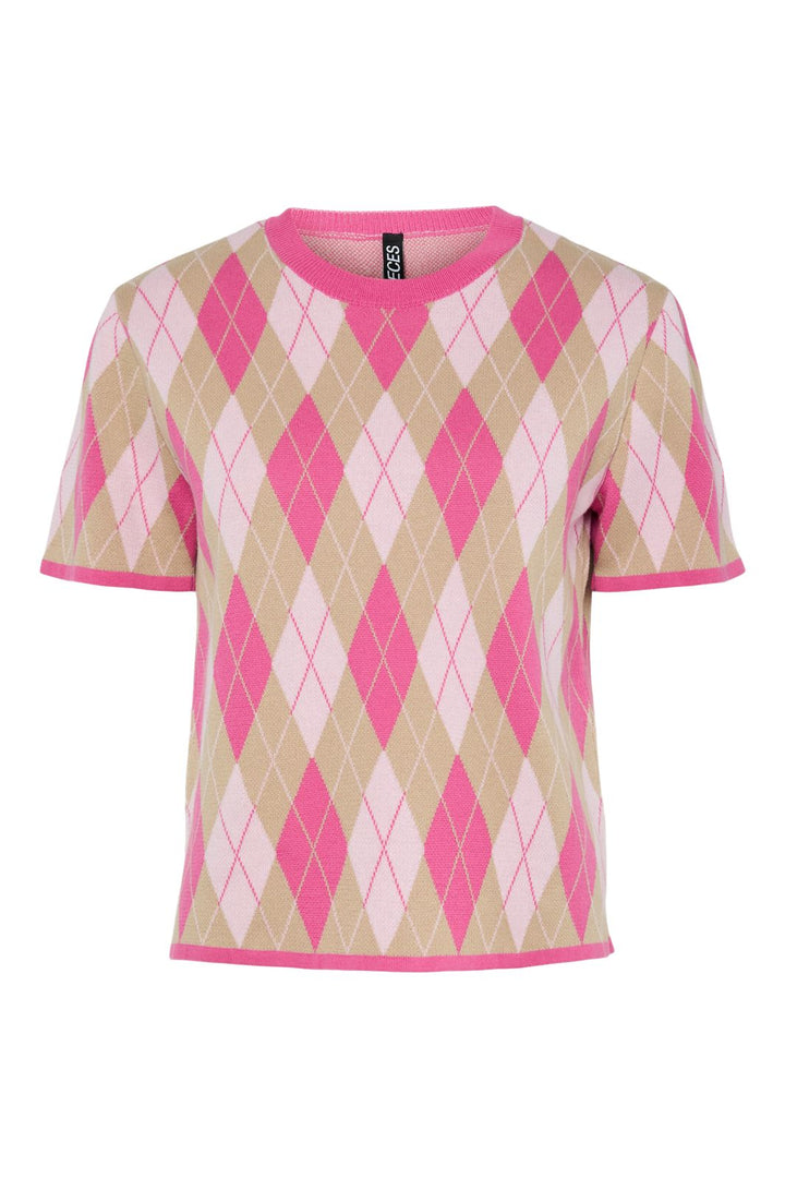 Pieces - Pcfarley Ss O-Neck Knit Fsy - 4946580 Pink Tulle Fuchsia Pink/Whitecap Gray