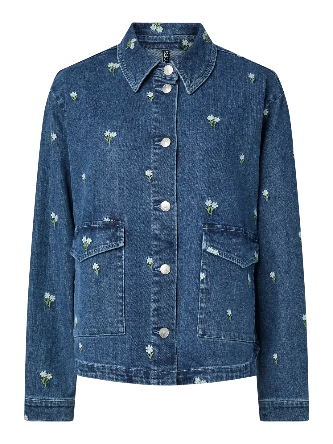 Pieces - Pcflora Ls Denim Emb Shirt - 5068168 Medium Blue Denim White Flower Embroidery Skjorter 