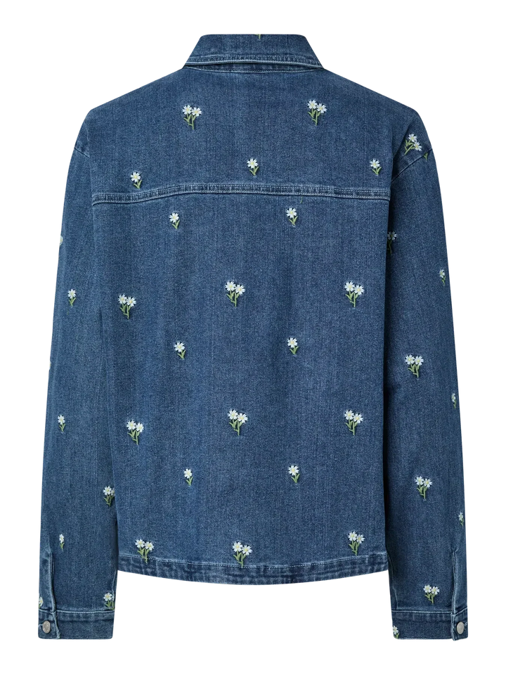Pieces - Pcflora Ls Denim Emb Shirt - 5068168 Medium Blue Denim White Flower Embroidery Skjorter 