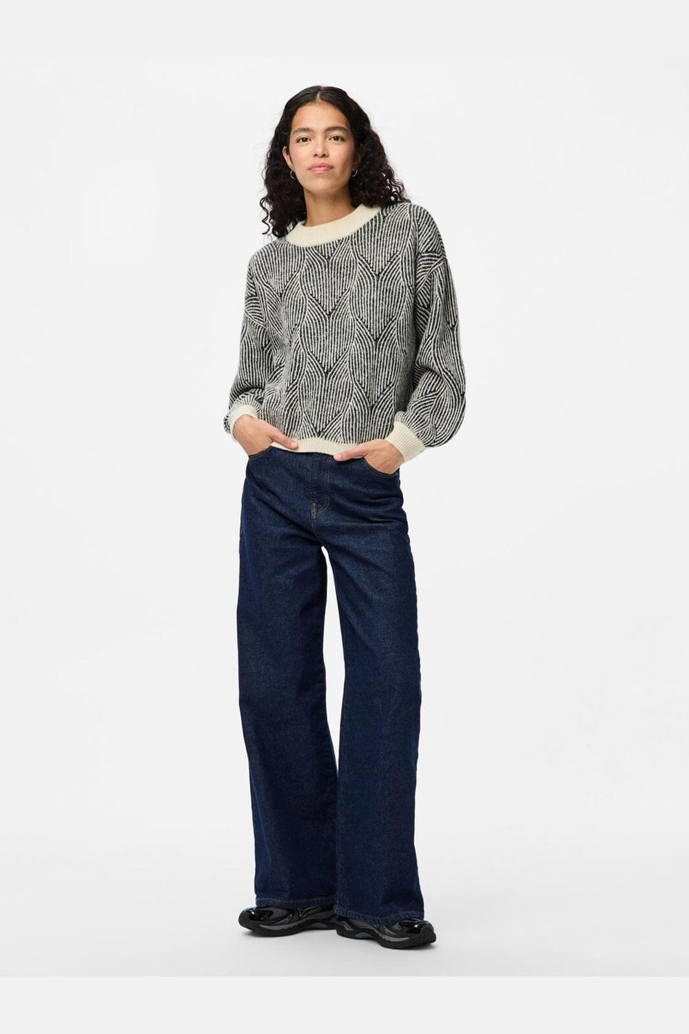 Pieces - Pcjenna Ls O-Neck Knit - 4613217 Whitecap Gray Black