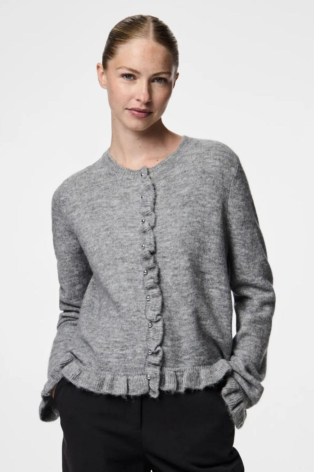 Pieces - Pclydia Ls Frill Knit Cardigan Fsy - 4912609 Medium Grey Melange As Sample