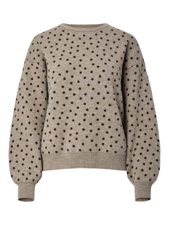 Pieces - Pcnancy Ls O-Neck Dot Knit - 5098309 Fossil Fudge Dots Strikbluser 